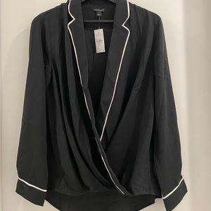 😁black blouse with white trim and deep v neck